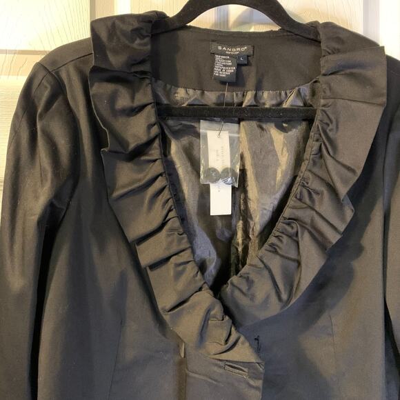 Sandro Women's Romantic Ruffled Jacket Size L NEW Black Cotton Poplin Summer - Picture 3 of 8